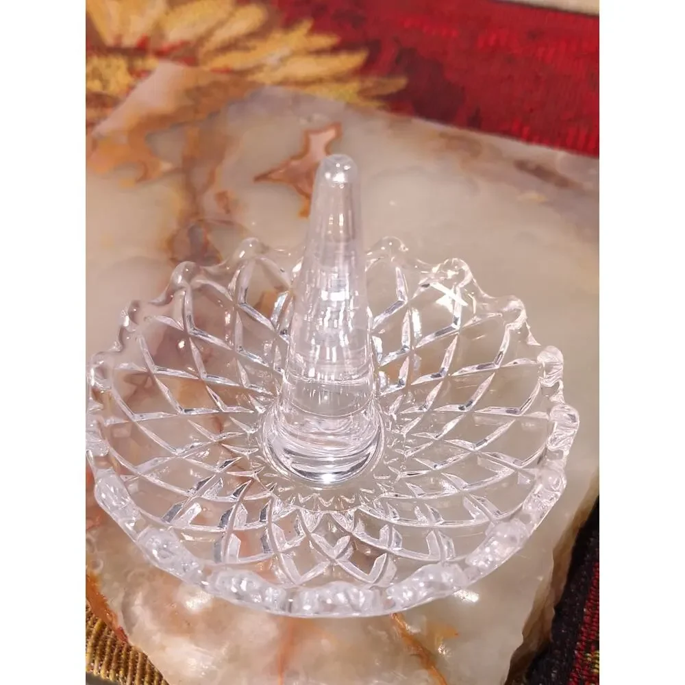 Vintage Crystal Ring Holder Scalloped Vanity Jewelry Dish 3.5